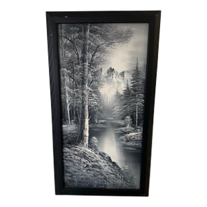 Vintage Black White Riverscape Misty Mountains Oil Painting by M. Scott 14x27