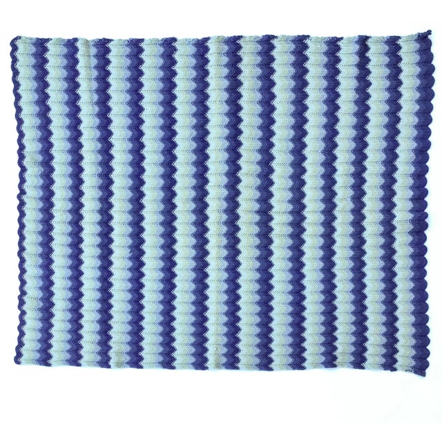 Blue Vintage Wool Hand Knitted Chevron Design Throw For Sale - Image 8 of 8