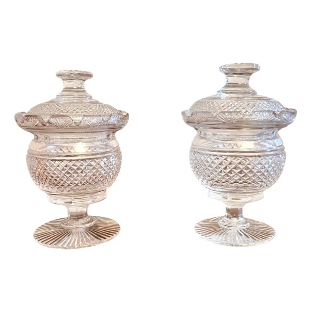 Antique Victorian Cut Glass Lidded Jars, 1860s, Set of 2 For Sale