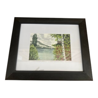 “Swiss Lakeside Lookout” Framed Original Watercolor Landscape For Sale
