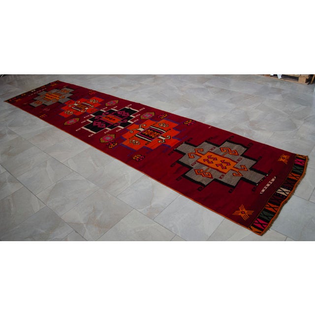 Vintage Runner Rug Kilim• Turkish Handwoven Tribal Flat Weave • Hallway Kitchen Decor - 3′4″ × 14′4″ For Sale - Image 13 of 15