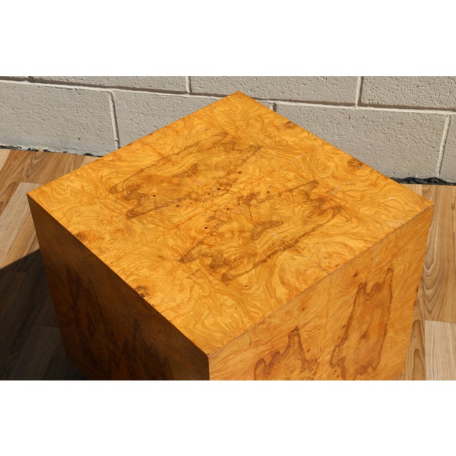 Mustard Mid Century Modern Milo Baughman Style Burlwood Cube Side Table, 1970s For Sale - Image 8 of 18