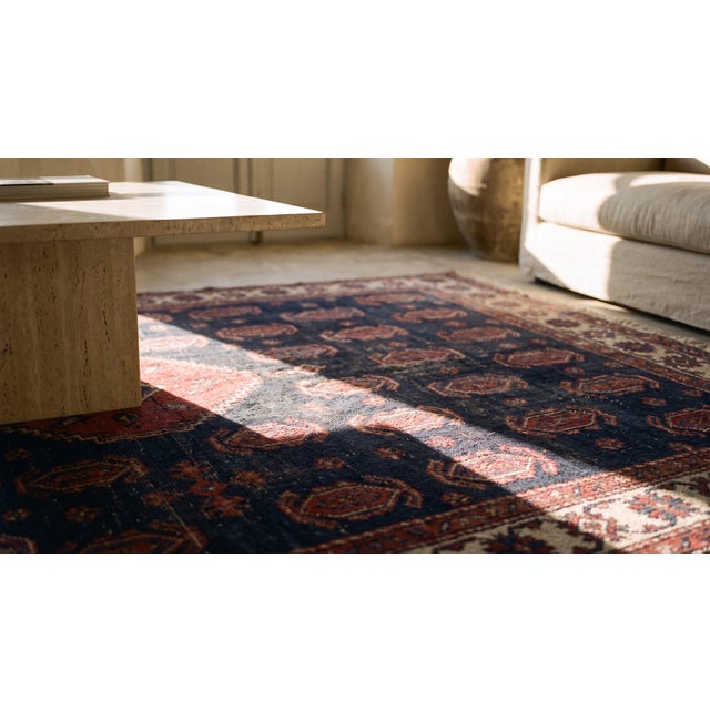 Textile 1890s Blue Navy Geometric Antique Kurdish Tribal Rug 5'4" X 7'3" Wool Handknotted Carpet For Sale - Image 7 of 9