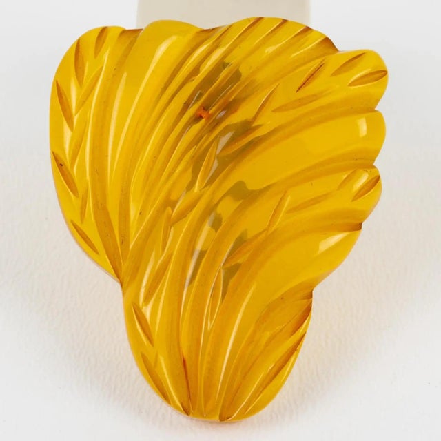Apple-Juice Bakelite Brooch or DressClip with Floral Carving For Sale - Image 4 of 8