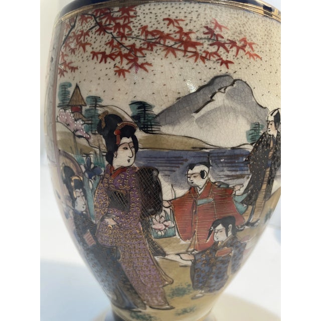 Late 19th Century Antique Japanese Meiji Satsuma Hand-Painted Figural Cabinet Vase, Black & Gold, 10” For Sale - Image 5 of 11