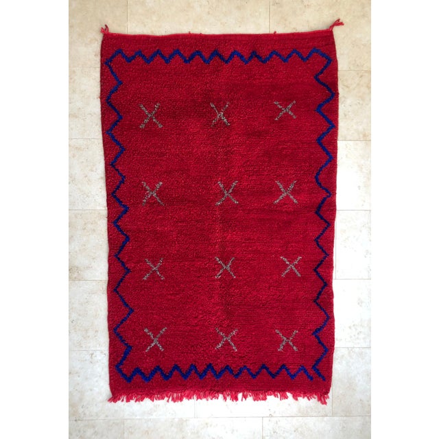 Bold Red Moroccan Wool Shag Rug Beni Ourain, Hand Knotted Boho Chic For Sale - Image 11 of 13