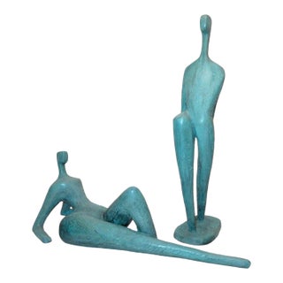 1980s Large Modern Itzik Benshalom 2/9 Figural Patinated Nude Bronze Statue Couple - Set of 2 For Sale