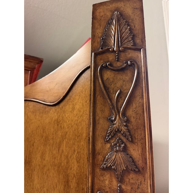 1980s Maitland-Smith Carved Walnut and Rattan Dry Bar Armoire Cabinet For Sale - Image 5 of 17