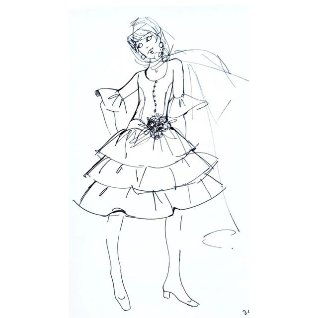 1970s 1970s Pair Pen and Ink Fashion Drawings,matted For Sale - Image 5 of 5