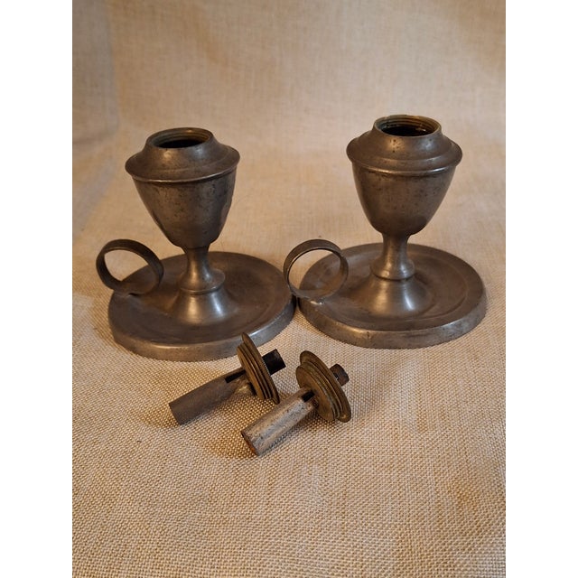 Metal Pair Antique Pewter Whale Oil Finger Lamps Single Tube Drop Burners C. 1830-1850 For Sale - Image 7 of 18