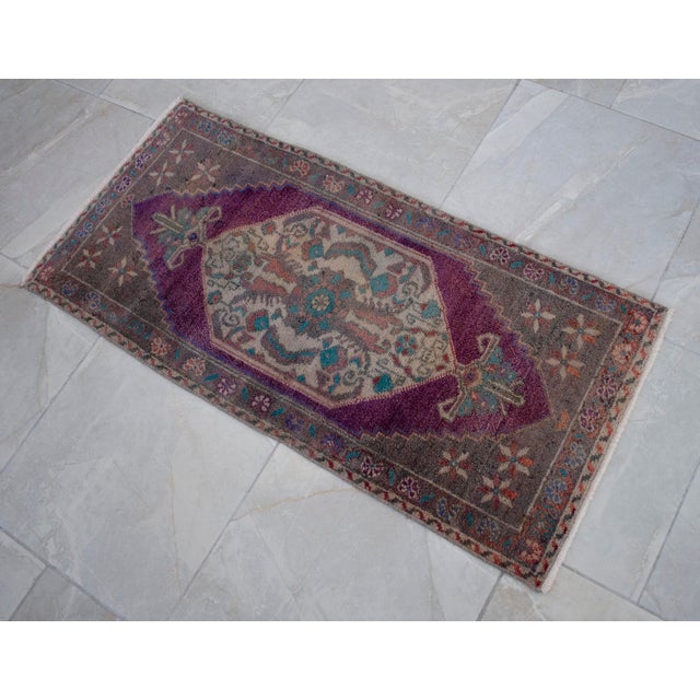 Hand Knotted Small Oushak Rug Faded Mini Rug Mat - 1'8" X 3'6" For Sale - Image 11 of 14