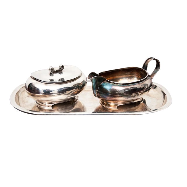 Antique Silver Tray with Sugar Bowl and Milk Jug, Set of 3 For Sale