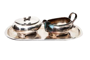 Antique Silver Tray with Sugar Bowl and Milk Jug, Set of 3