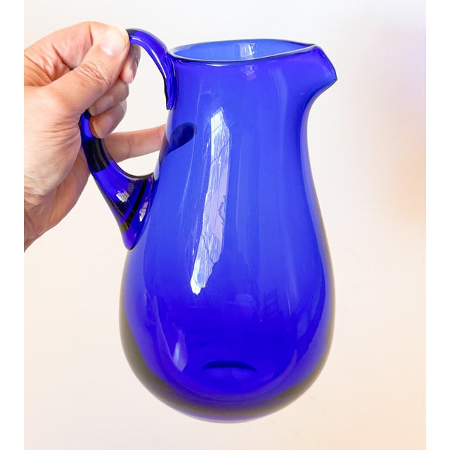 Vibrant Cobalt Blue Artisan Hand Blown Glass Drink Pitcher For Sale In Dallas - Image 6 of 9