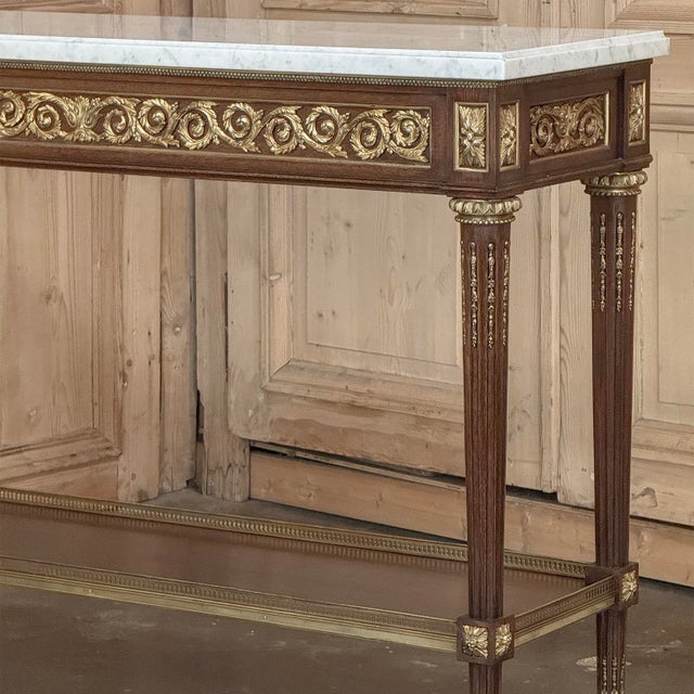 Antique French Louis XVI Mahogany Console Sofa Table With Carrara Marble For Sale - Image 9 of 18