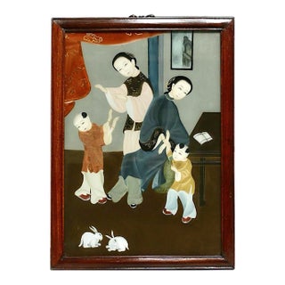 Mothers & Children Play Time, Framed Vintage Chinese Reverse Painting on Glass, For Sale