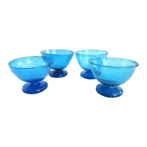 Cobalt Blue Recycled Hand Blown Glass Pedestal Ice Cream Sherbet Bowls- Set of 4