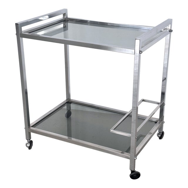 Mid-Century Italian Chrome and Glass Two Tier Rolling Bar Cart, 1970s For Sale
