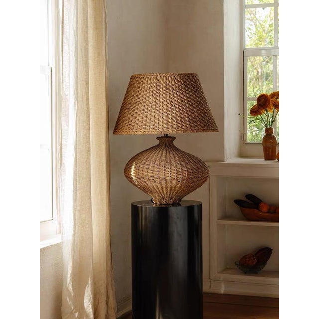 Art Deco Straw Rattan Willow Woven Art Waist Table Lamp For Sale - Image 3 of 5