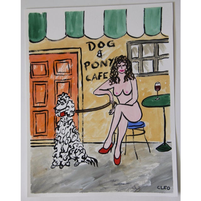 Fauvist impressionist nude in high heels a la Matisse, with white poodle on a leash at a cityscape cafe. Orange, green,...