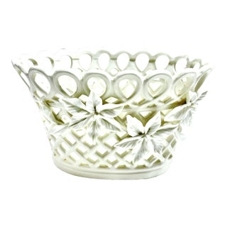 Vintage Ivory Porcelain Lattice Basketweave Pierced Floral Cachepot For Sale