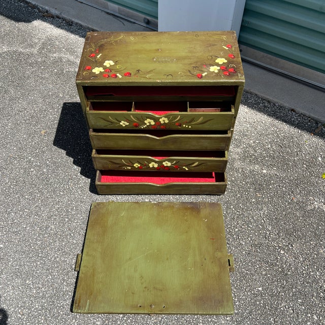 Vintage Repurposed Metal & Wood Military Box - Green Floral Box of Drawers Signed For Sale In West Palm - Image 6 of 11