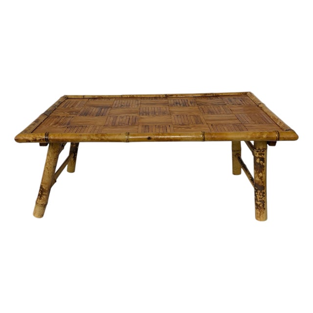 Vintage Boho Coastal Rattan Folding Bamboo Tv Stand Plant Table For Sale