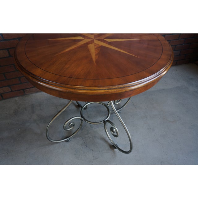 Rustic European Ethan Allen Inlayed Top Iron Base Round End Table For Sale - Image 3 of 5
