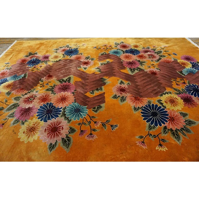 Goldenrod Brilliant Yellow Goldenrod Color With Lovely Flower Design Antique Chinese Art Deco Rug For Sale - Image 8 of 8