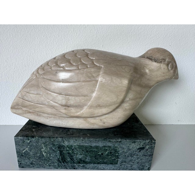 1980s Vintage Carved Marble Dove Sculpture on Green Marble Base – Signed For Sale - Image 10 of 12