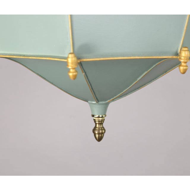 Metal Vintage Tole Umbrella-Shaped Metal Chandelier — Sage Green and Gold Leaf For Sale - Image 7 of 12
