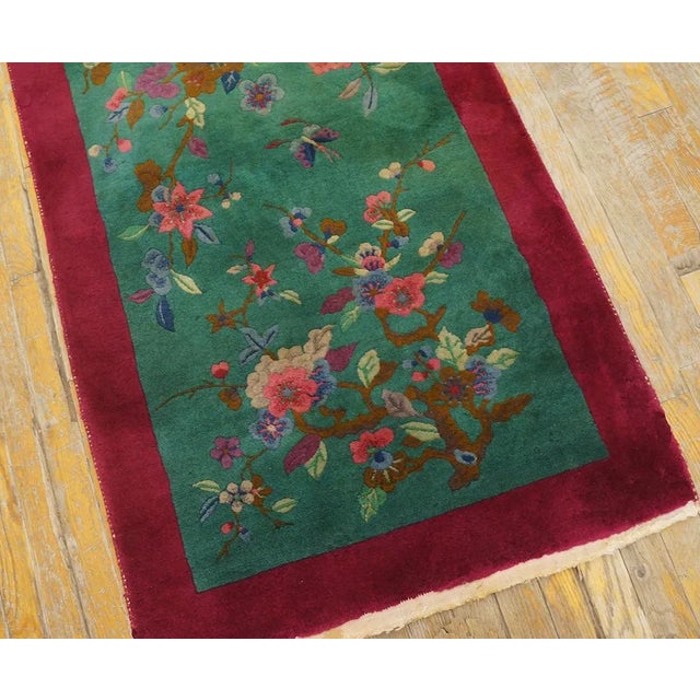 1920s Lovely Dark Green Color With Special Floral Design Antique Chinese Art Deco Rug For Sale - Image 5 of 12