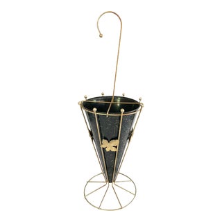 Black Metal Umbrella Stand With Leaves Appliqué For Sale