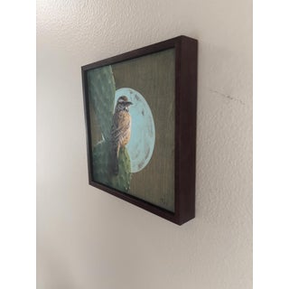 Cactus Wren by Terra Novak | Oil on wood Bird perched on a cactus under a full moon. For Sale