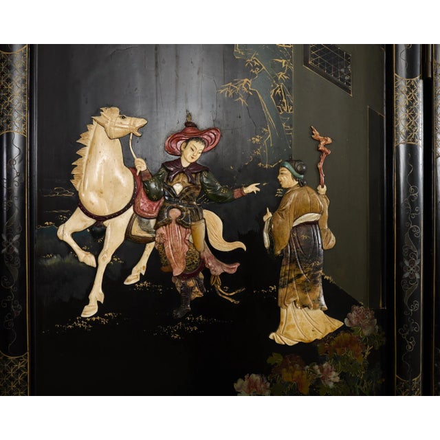 Mid 20th Century Chinese Export Four Panel Carved Soapstone Coromandel Screen For Sale - Image 5 of 12