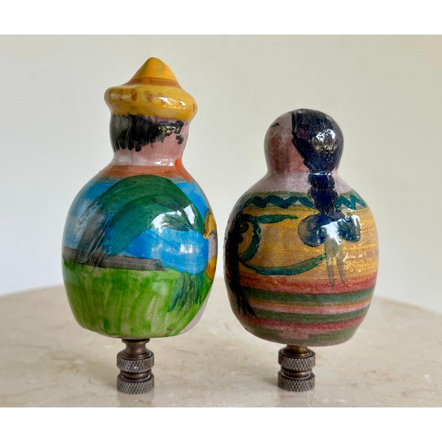 Mexican Mexican Pottery Figural Lamp Finials on Bronze Hardware - A Pair For Sale - Image 3 of 8