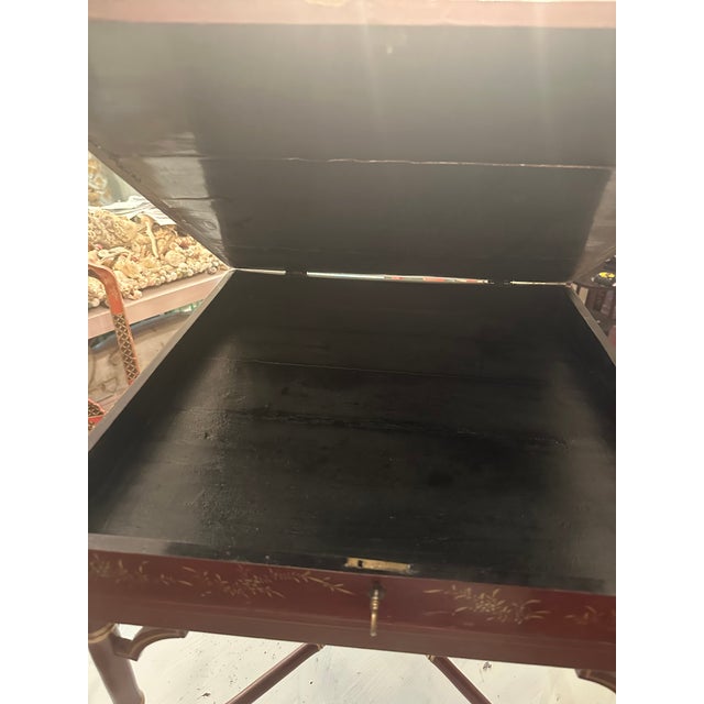Red Red Chinoiserie 19th Century Lacquer Table With Lift Top and Key For Sale - Image 8 of 12