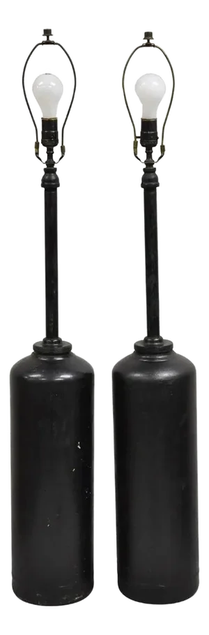 Antique Industrial Modern Black Fuel Cylinder Converted Steel Table Lamp - Pair