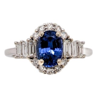 Royal Blue Sapphire Ring With Natural Diamond Halo: Solid 14k Gold, Oval 7x5mm, Size 6.75 For Sale