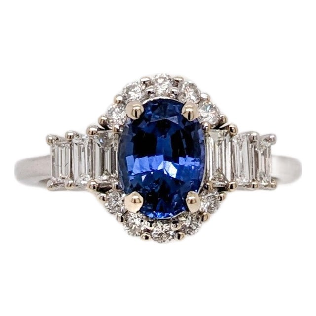 Royal Blue Sapphire Ring With Natural Diamond Halo: Solid 14k Gold, Oval 7x5mm, Size 6.75 For Sale