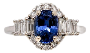 Royal Blue Sapphire Ring With Natural Diamond Halo: Solid 14k Gold, Oval 7x5mm, Size 6.75
