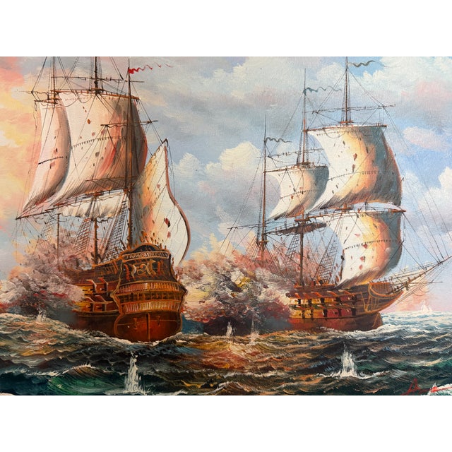 Original Marine Naval Battle Oil Painting Sailing Ships Seascape Framed, Signed For Sale - Image 10 of 11