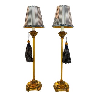 Vintage Pair of French Rococo Style Buffet Lamps With Pleated Silk Shades For Sale