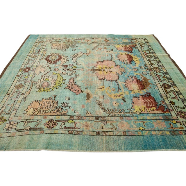 2020s Blue Transitional Art Deco Style Handmade Floral Wool Rug For Sale - Image 5 of 8