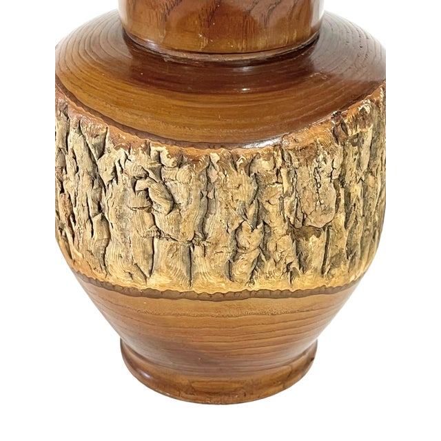 Unusual Japanese carved wood treen tea caddy. Top twists off. Beautiful smooth texture contrasts with the unfinished bark.