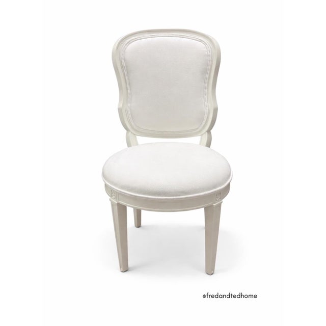 Neoclassical Set of 8 Louis XVI Style White Upholstered Dining Chairs For Sale - Image 3 of 12