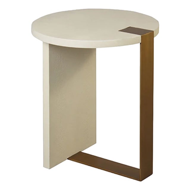 Matthew Izzo Home Harrington Cream Faux Shagreen Art Deco Side Table With Antique Brass Leg For Sale