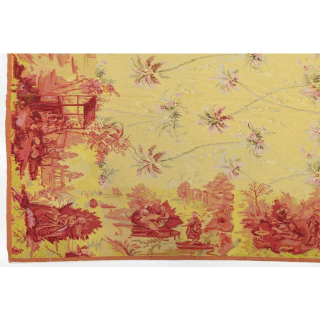 Goldenrod Vintage French Style Needlepoint Yellow Wool Rug With Chinoiserie Toile Border For Sale - Image 8 of 13