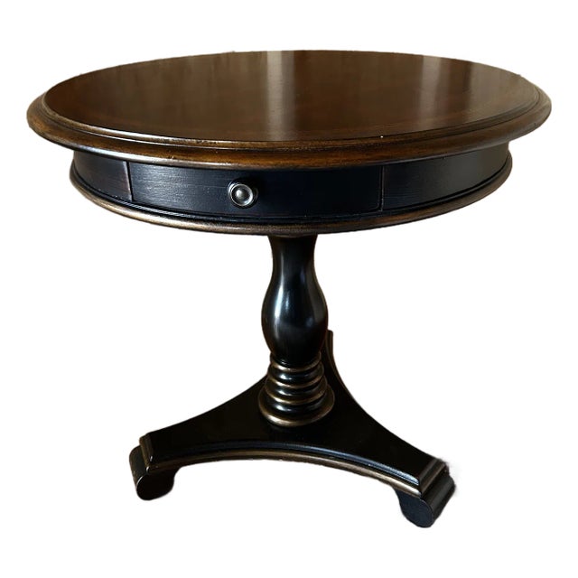 1990s Round Cherry Black Foyer Accent Table by Hooker Furniture Co. With Inlay and Protective Pad For Sale