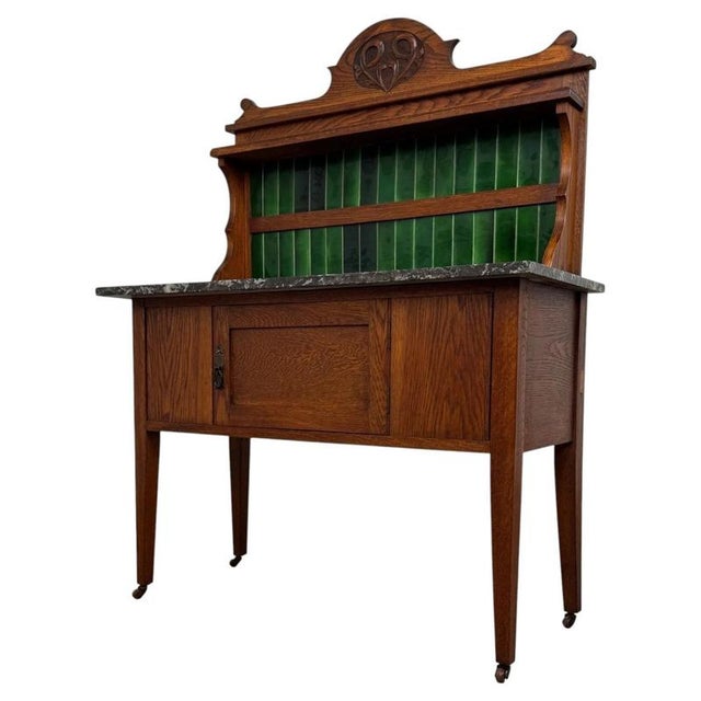 2000 - 2009 Antique Arts & Crafts Oak Washstand with Marble Top For Sale - Image 5 of 11